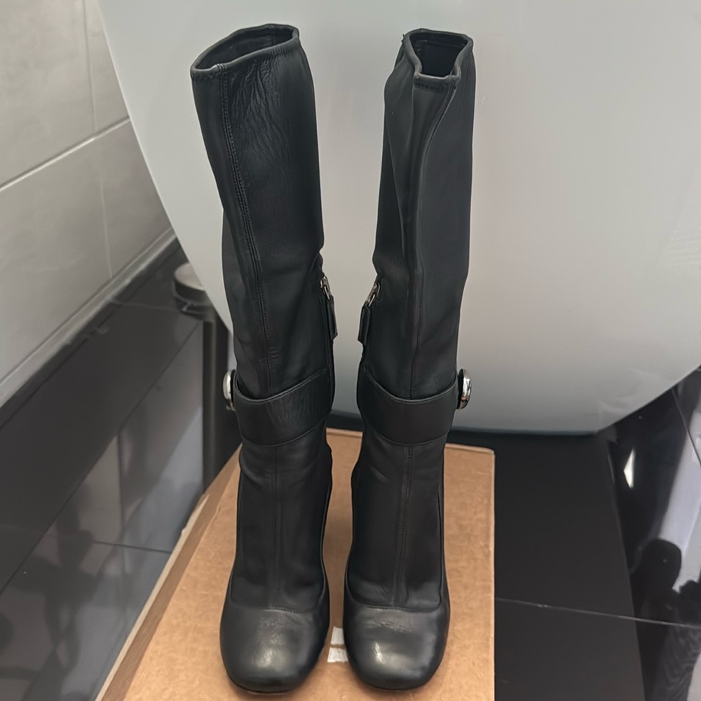 PRADA Mary Jane Runway Leather Nappa Black Mid Calf Boots Made in Italy Sz. 39